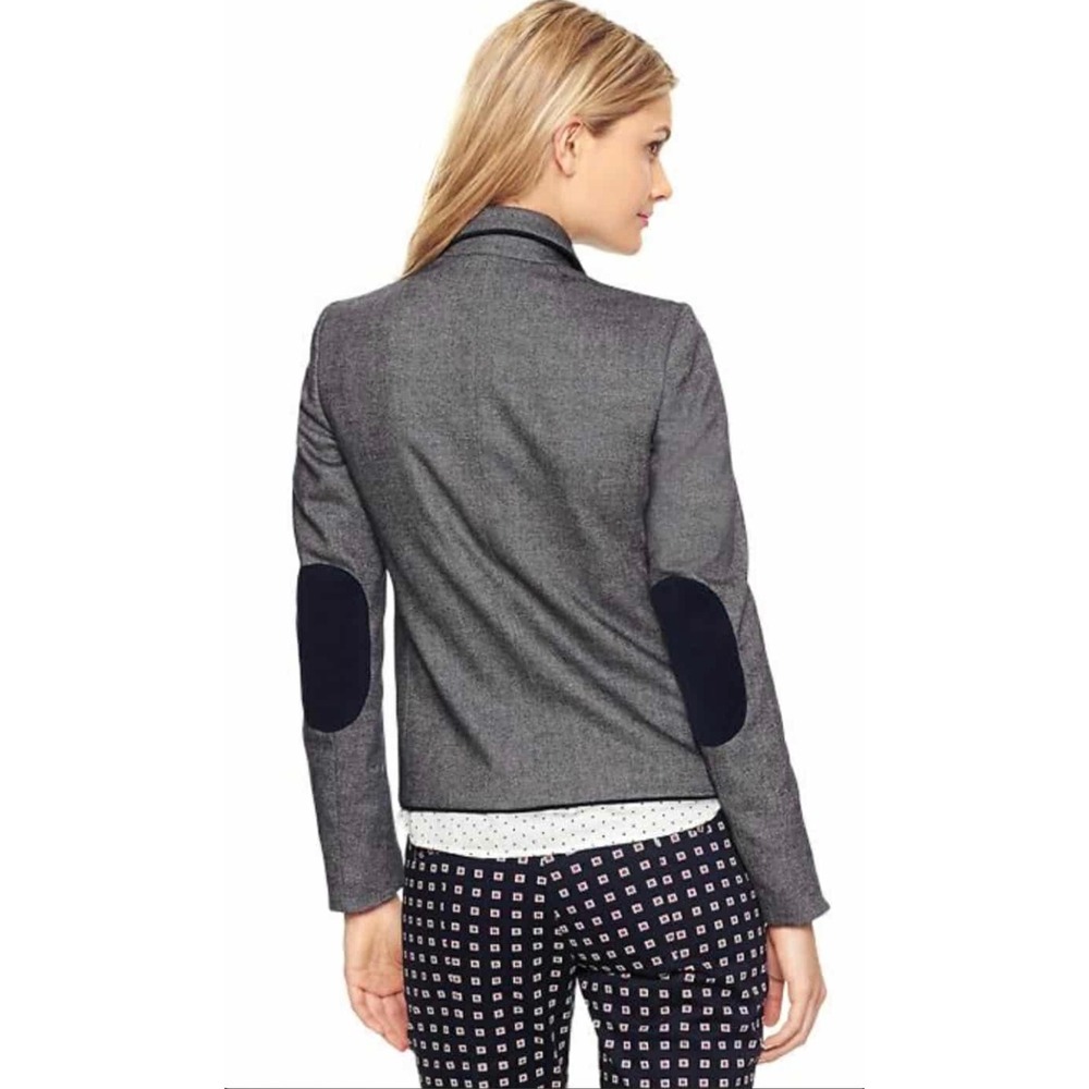 Gap The Academy Blazer Womens 6 Tall Grey Navy Elbow Patches Piped Trim Crest - Picture 2 of 8